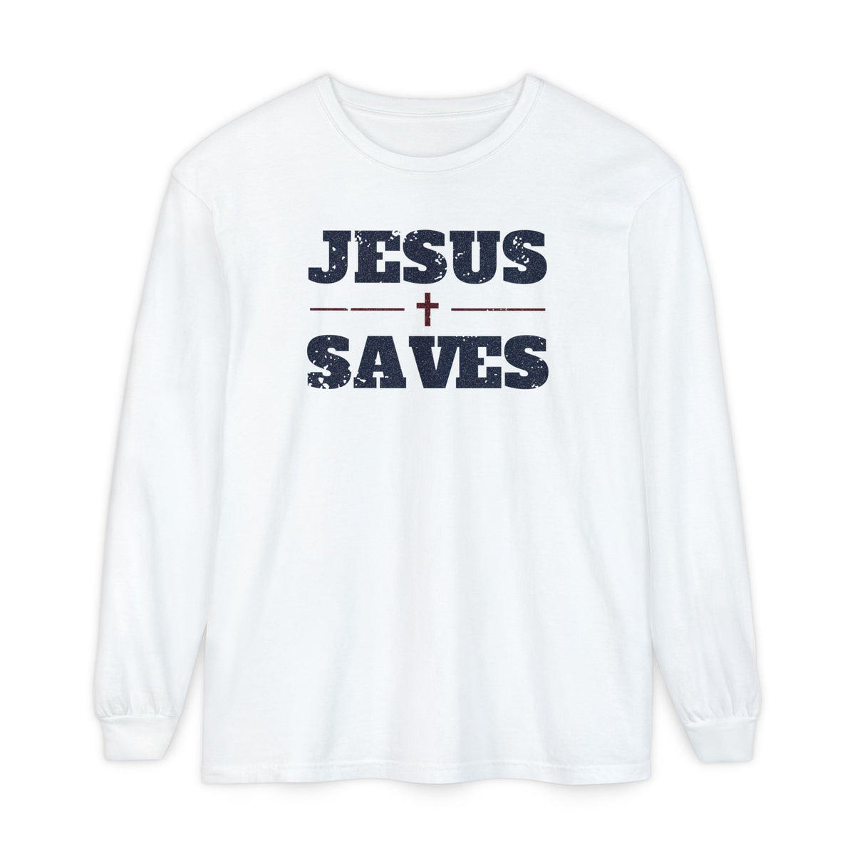 Jesus Saves Christian long sleeve tee in white, front mockup