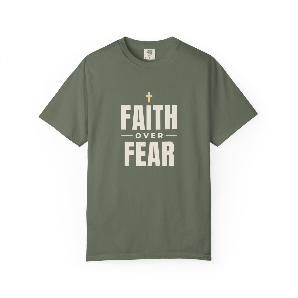 Faith Over Fear Christian tee in moss, front mockup
