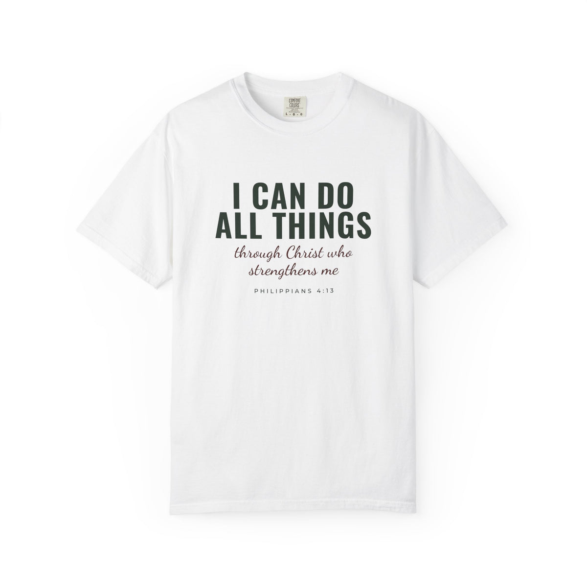 I Can Do All Things Philippians 4:13 Christian tee in white, front mockup