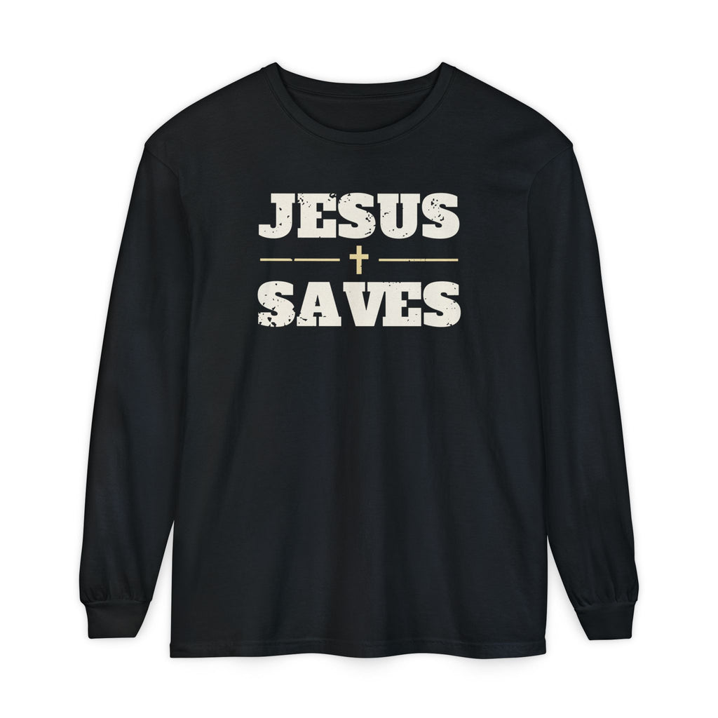 Jesus Saves Christian long sleeve tee in black, front mockup