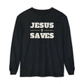 Jesus Saves Christian long sleeve tee in black, front mockup