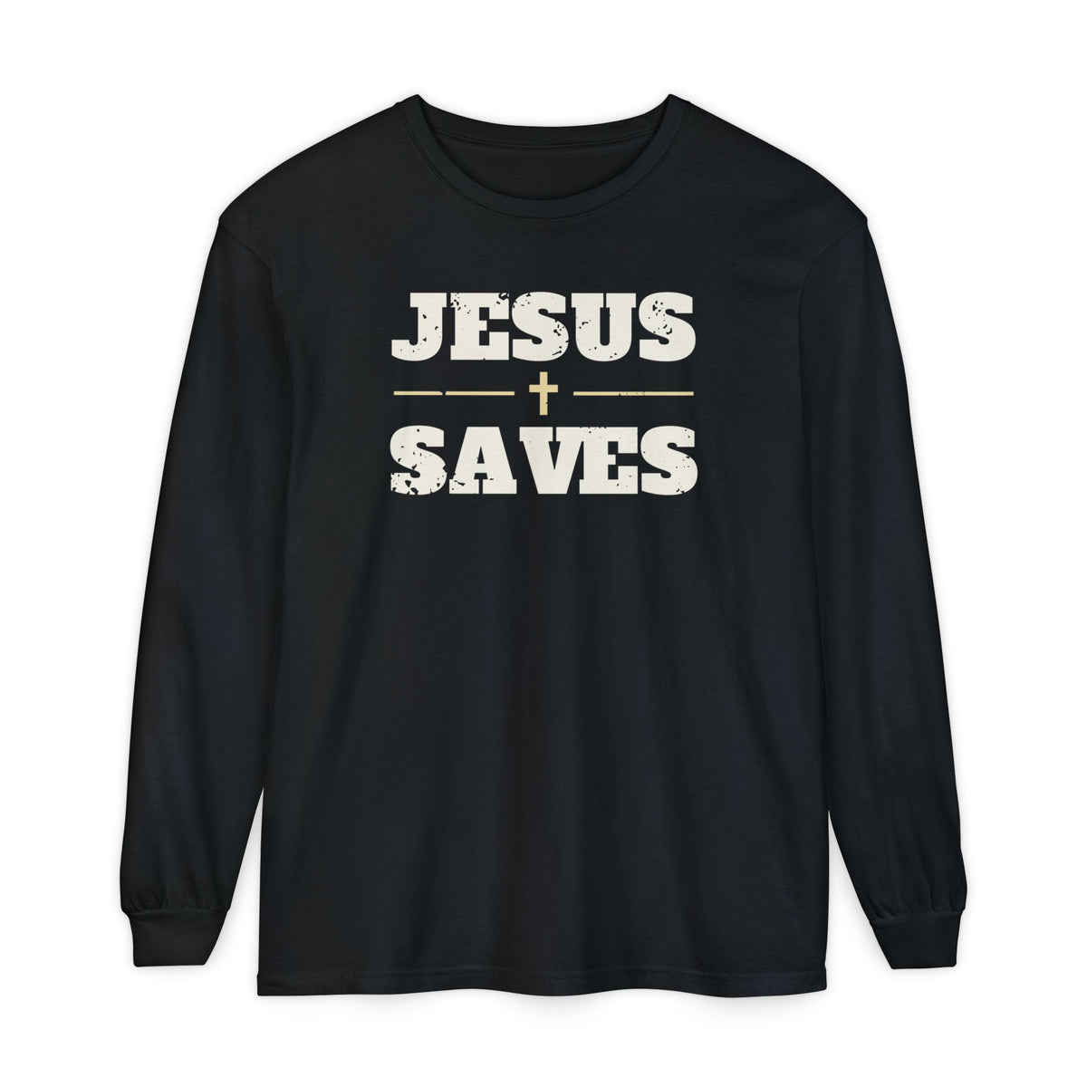Jesus Saves Christian long sleeve tee in black, front mockup