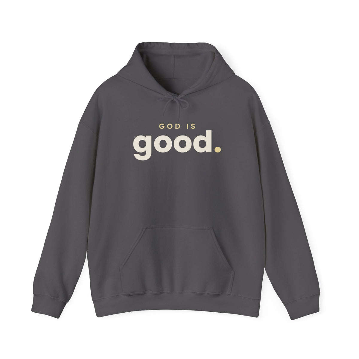God Is Good Christian hoodie in charcoal, front mockup