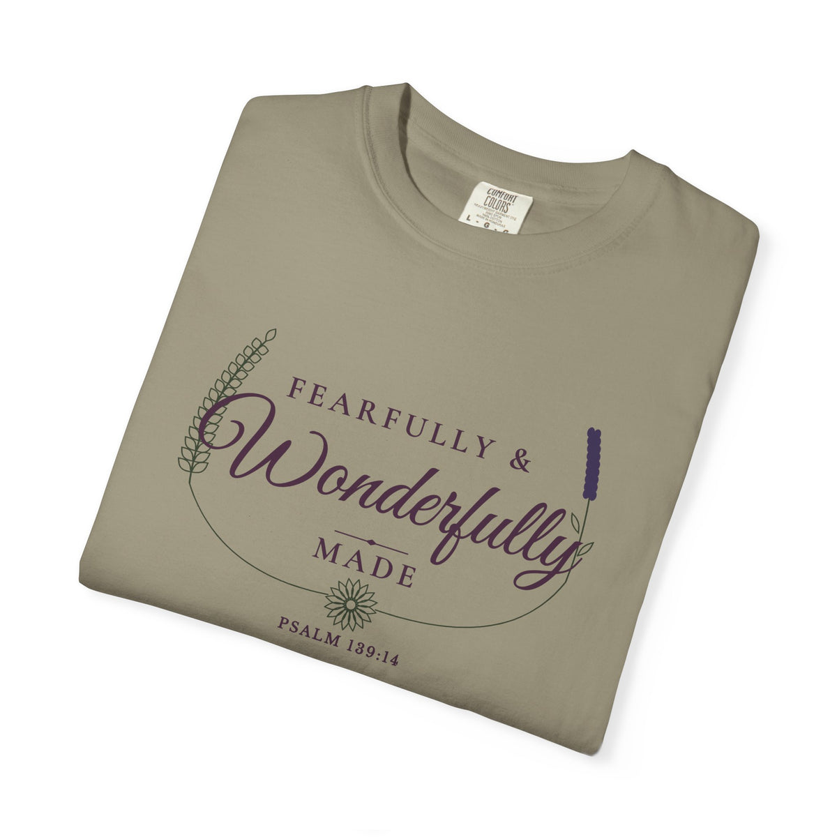 Fearfully & Wonderfully Made Psalm 139:14 tee in sandstone, folded mockup
