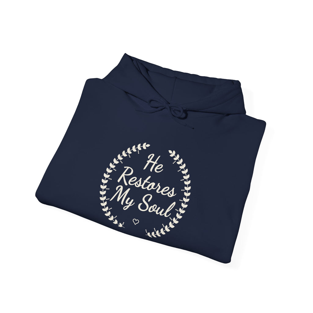 He Restores My Soul Psalm 23:3 hoodie in navy, folded mockup