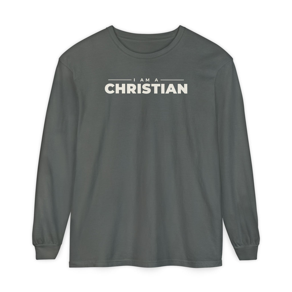 I Am a Christian Christian long sleeve tee in pepper, front mockup