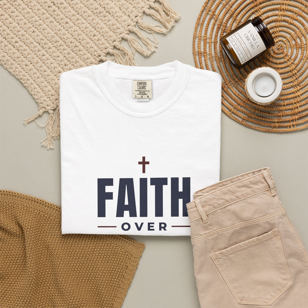 Faith Over Fear Christian tee in white, folded flat lay
