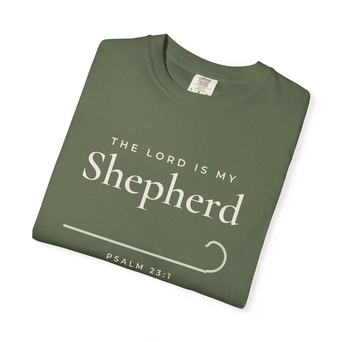 The Lord Is My Shepherd Psalm 23:1 Christian tee in sage, folded mockup