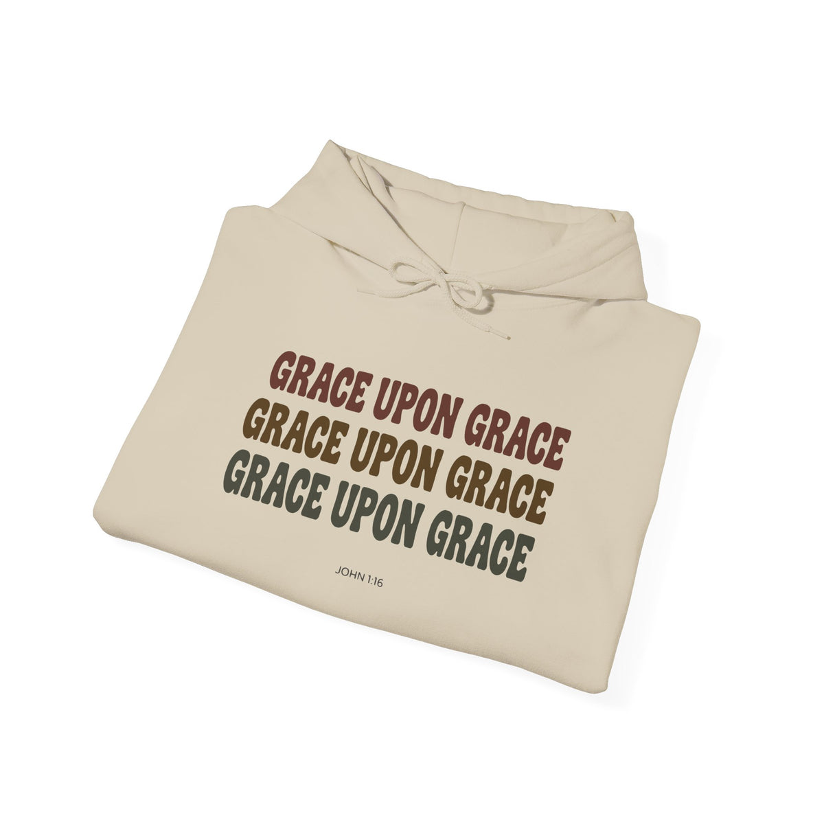 Grace Upon Grace John 1:16 hoodie in sand, folded mockup