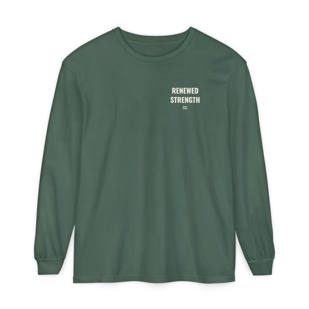 Suffering Produces Hope Romans 5:3-4 long sleeve tee in blue spruce, front (left-chest logo) mockup