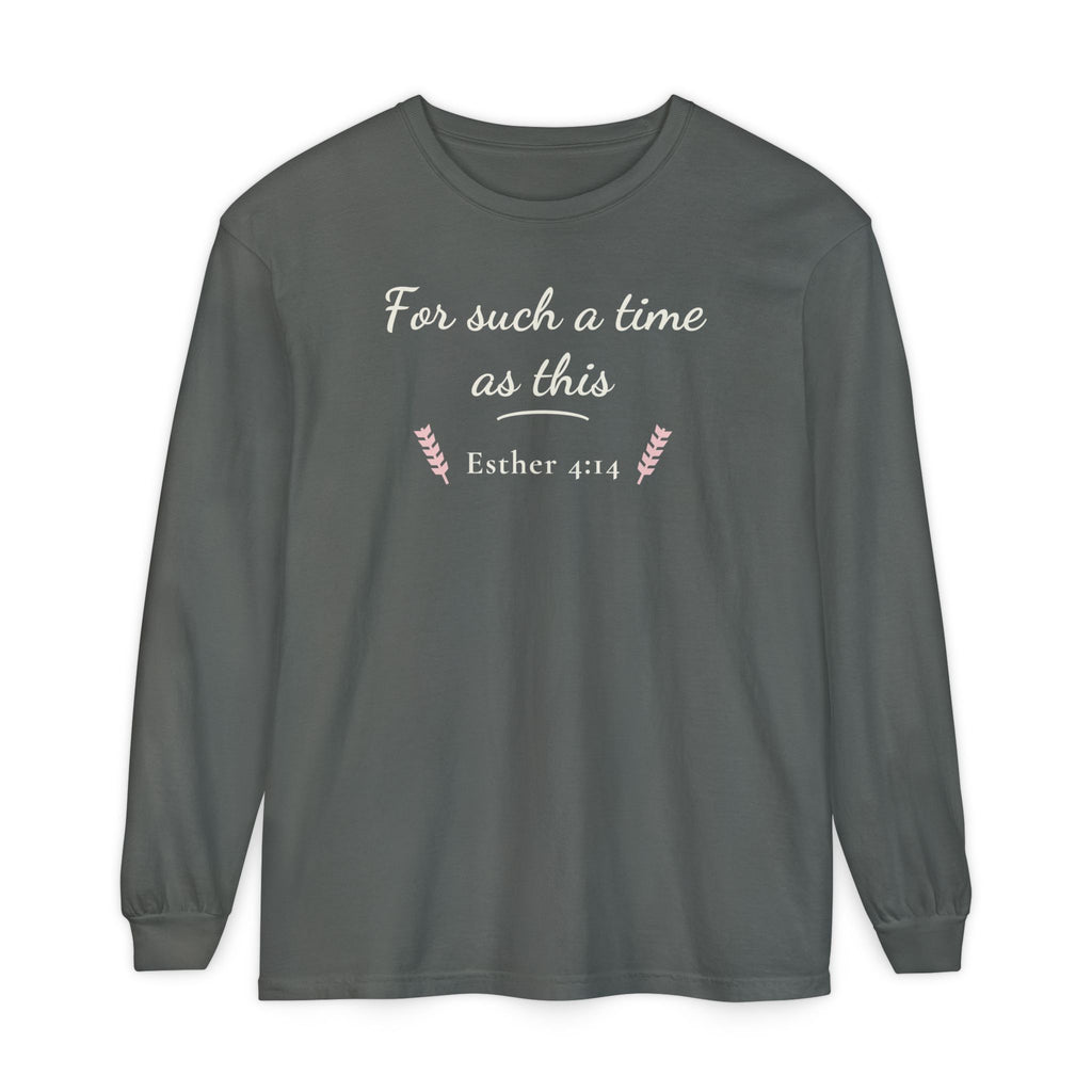For Such a Time as This Esther 4:14 long sleeve tee in pepper, front mockup