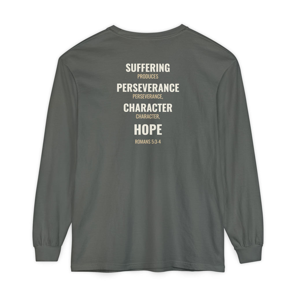 Suffering Produces Hope Romans 5:3-4 long sleeve tee in pepper, back (Romans 5:3-4 back print) mockup