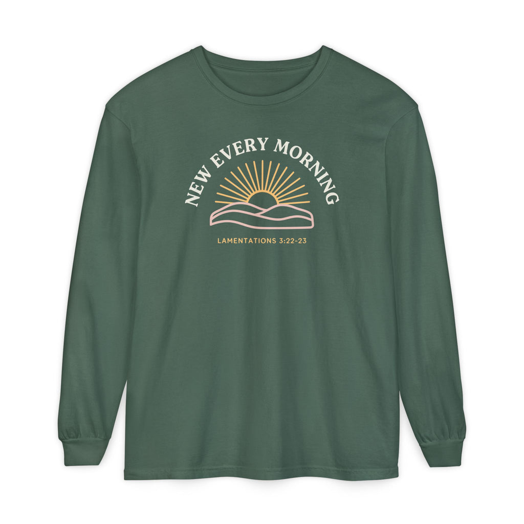 New Every Morning Lamentations 3:22-23 long sleeve tee in blue spruce, front mockup