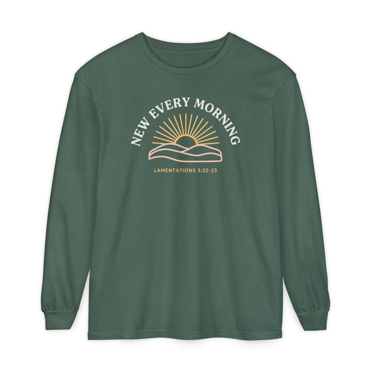 New Every Morning Lamentations 3:22-23 long sleeve tee in blue spruce, front mockup