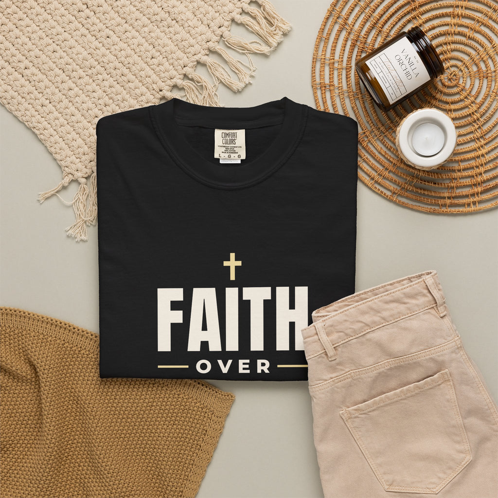 Faith Over Fear Christian tee in black, folded flat lay