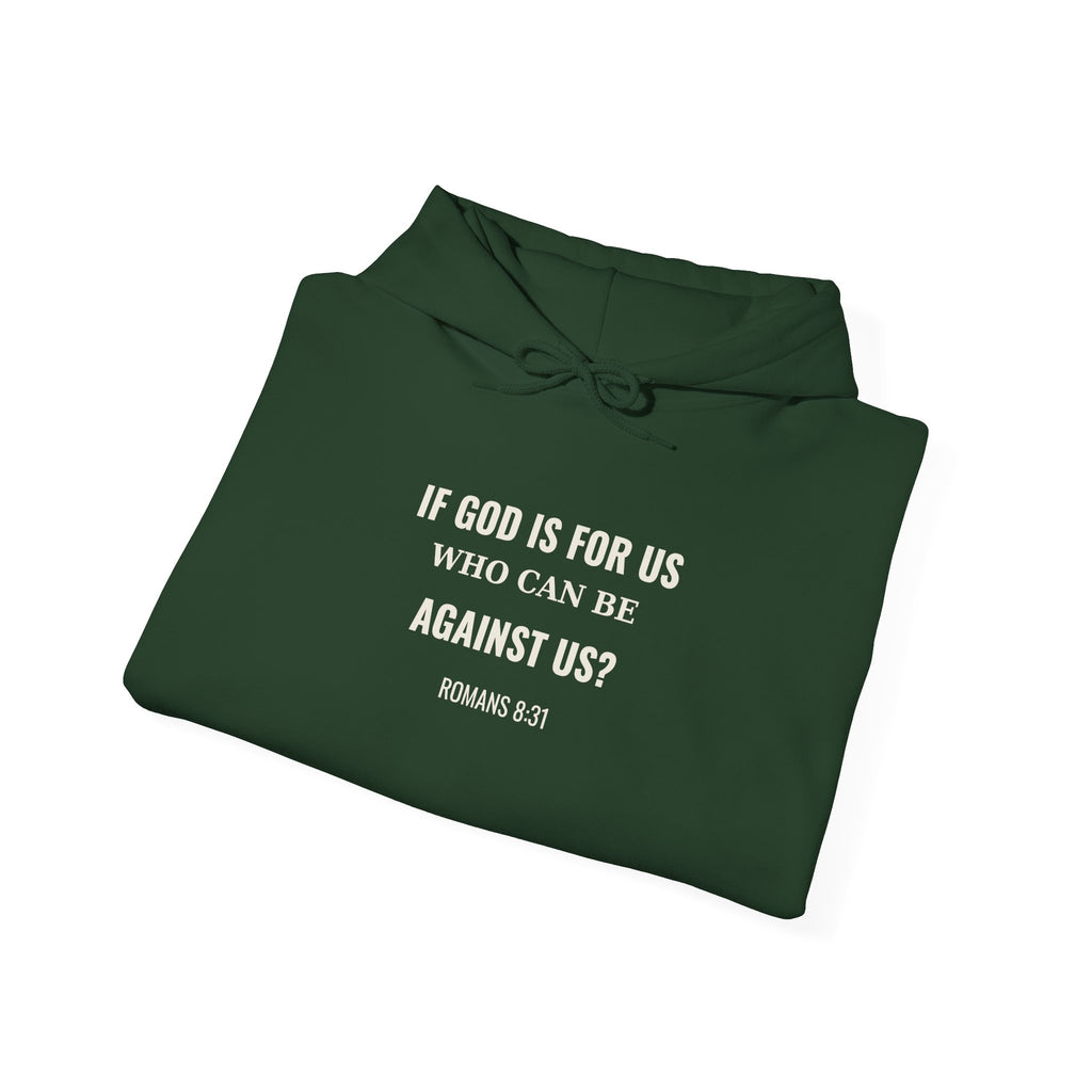 If God Is For Us Romans 8:31 hoodie in forest green, folded mockup