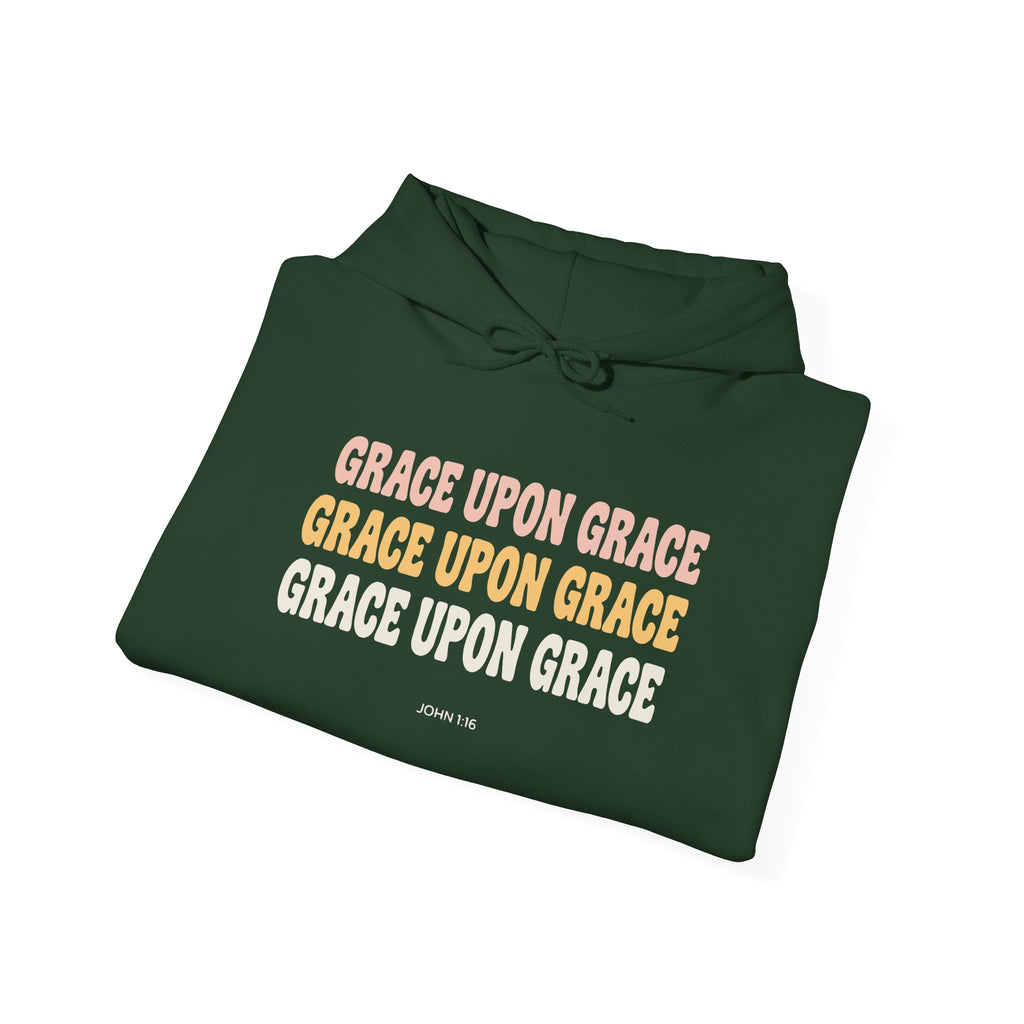 Grace Upon Grace John 1:16 hoodie in forest green, folded mockup
