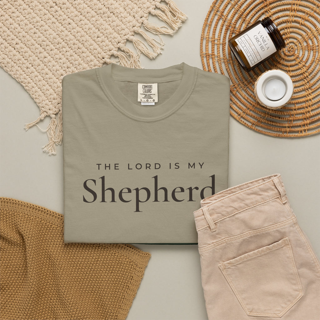 The Lord Is My Shepherd Psalm 23:1 Christian tee in sandstone, folded flat lay