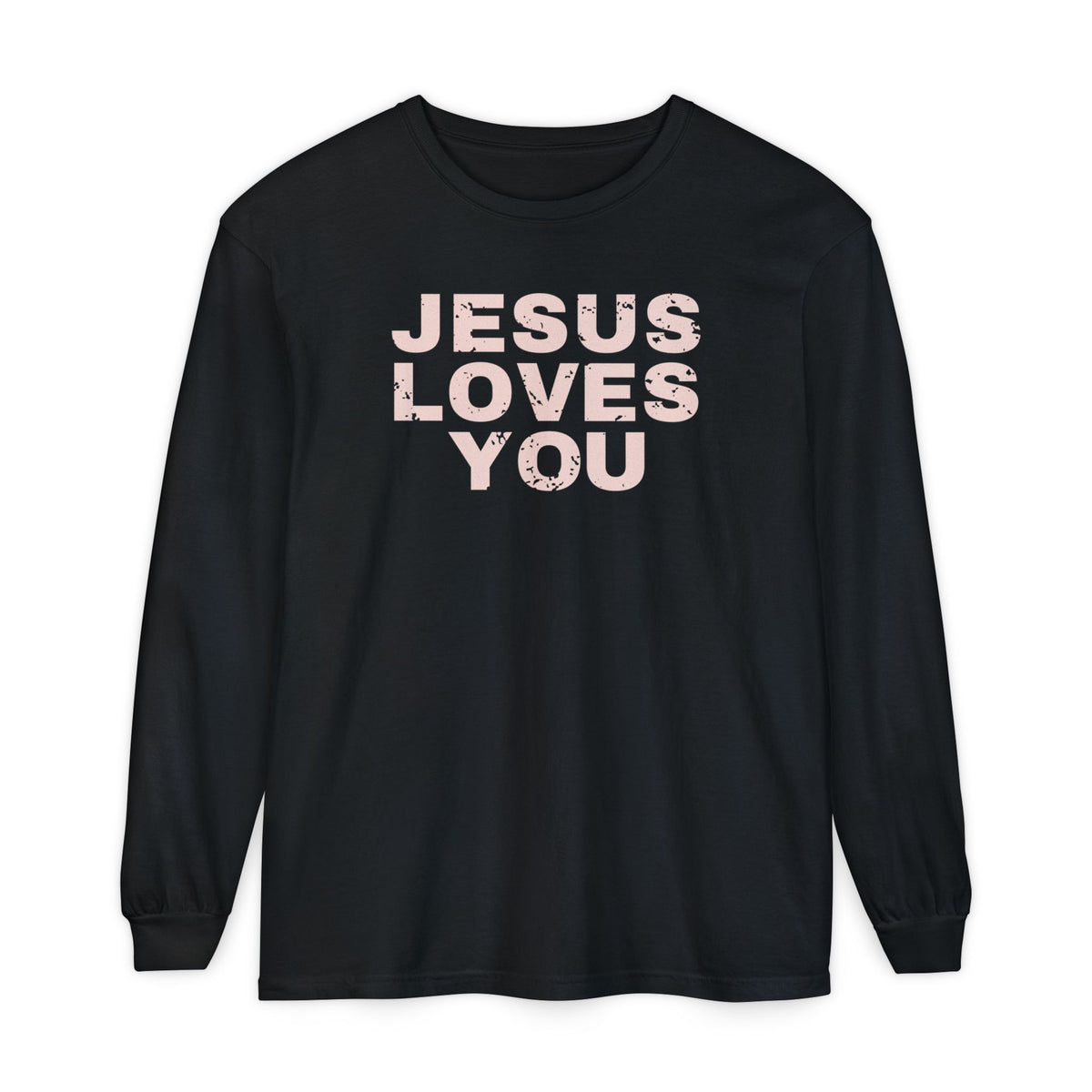 Jesus Loves You Christian long sleeve tee in black, front mockup