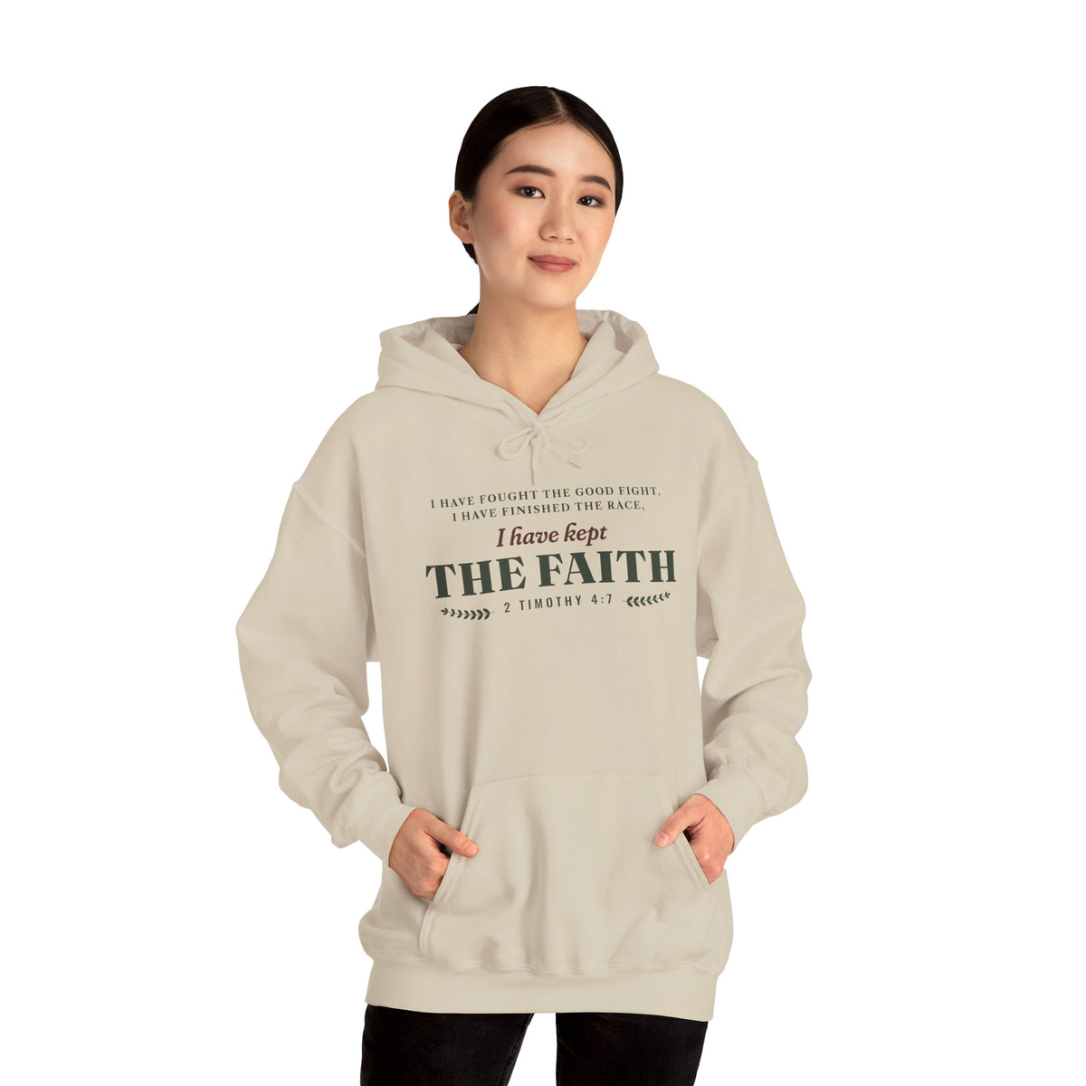 Kept the Faith 2 Timothy 4:7 hoodie in Sand, front, model