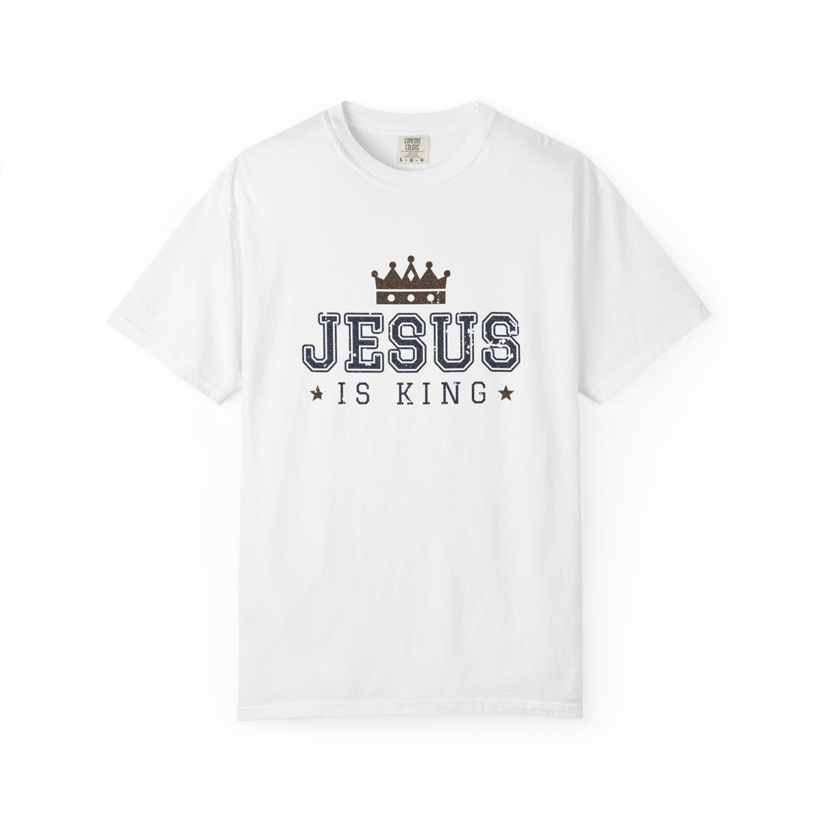 Jesus Is King Christian tee in white, front mockup