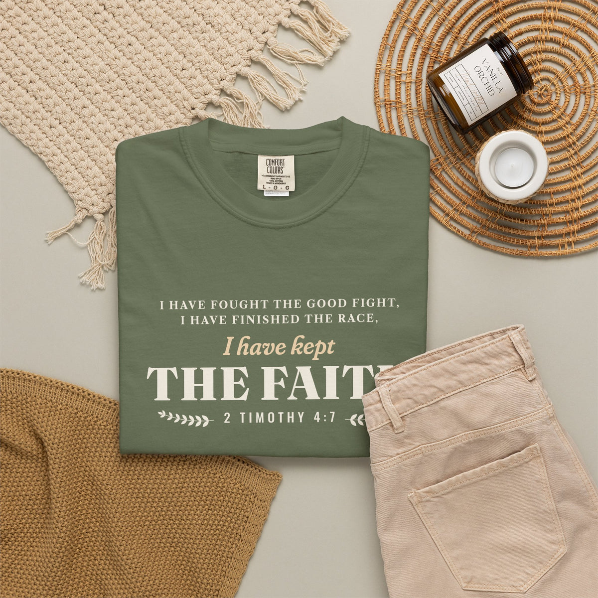 Kept the Faith 2 Timothy 4:7 tee in Sage, front, flat lay styled