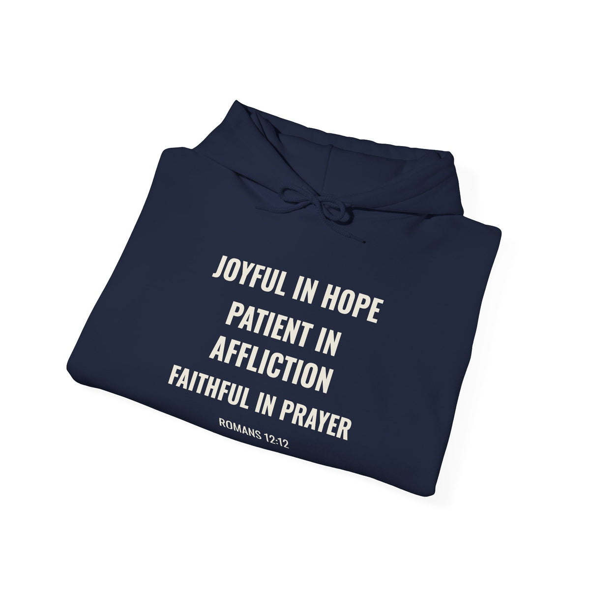 Joyful in Hope Romans 12:12 hoodie in navy, folded mockup