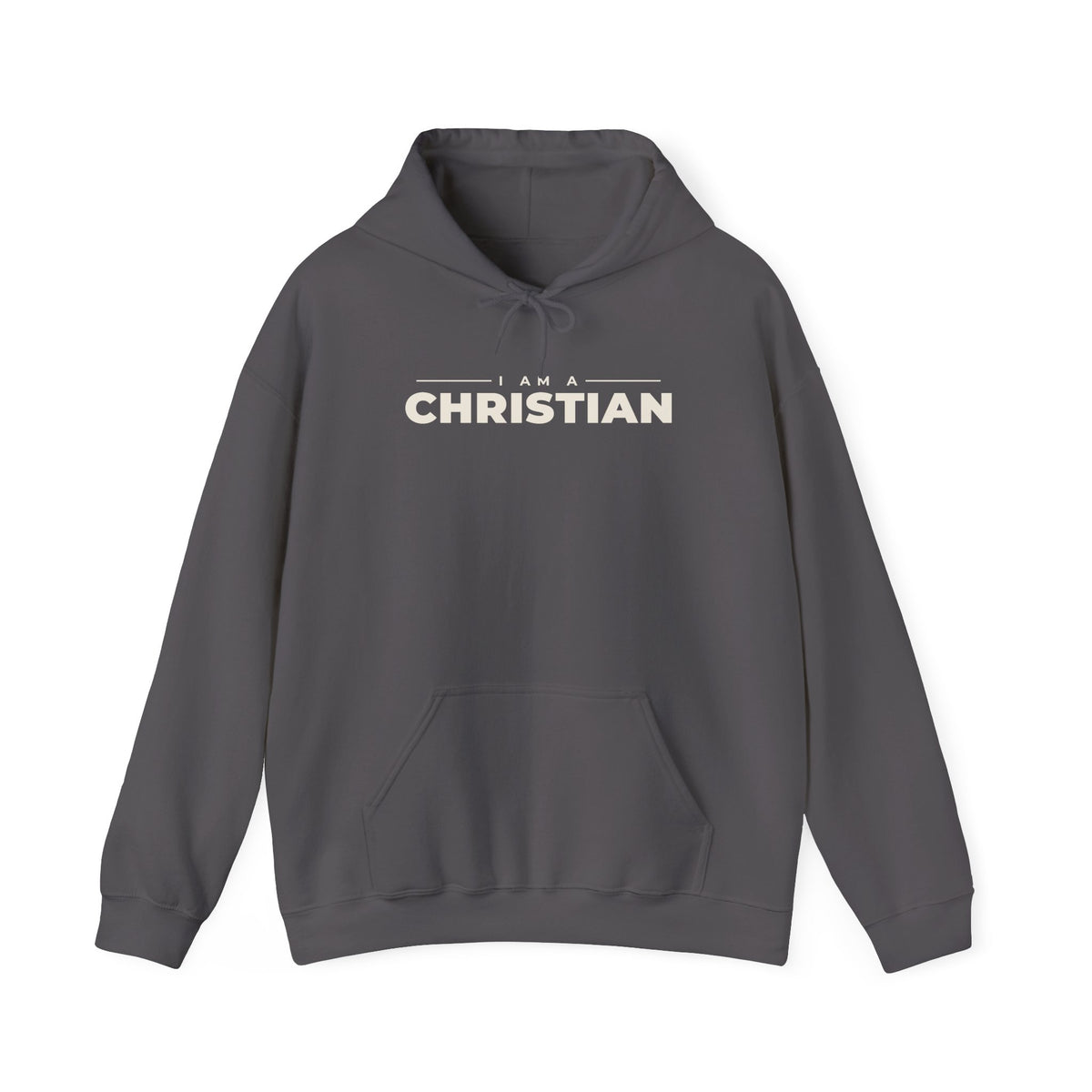 I Am a Christian Christian hoodie in charcoal, front mockup