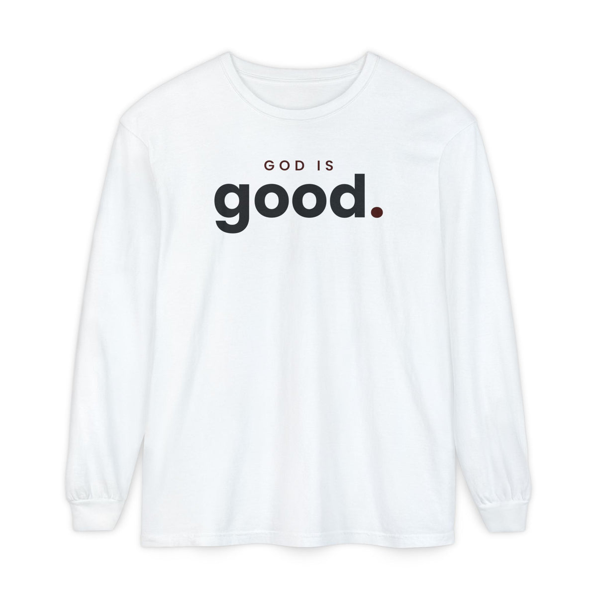God Is Good Christian long sleeve tee in white, front mockup
