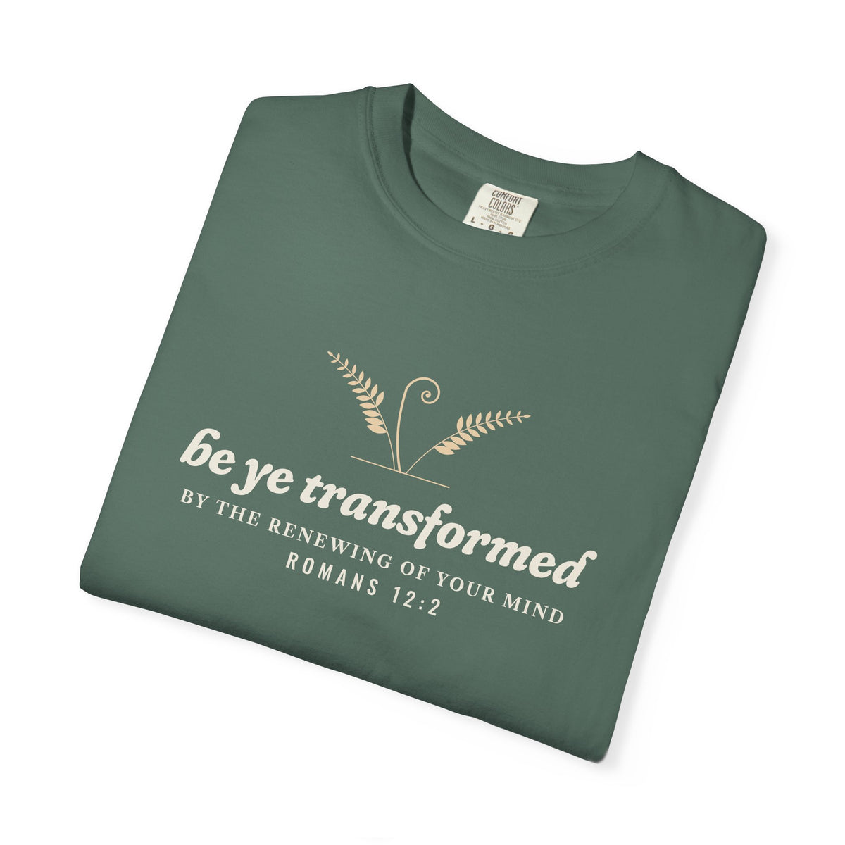 Be Transformed Romans 12:2 tee in Blue Spruce, folded mockup