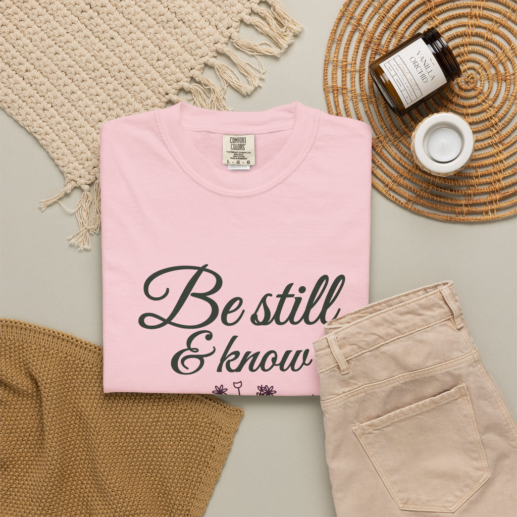 Be Still & Know Wildflower Psalm 46:10 Christian tee in blossom, folded flat lay