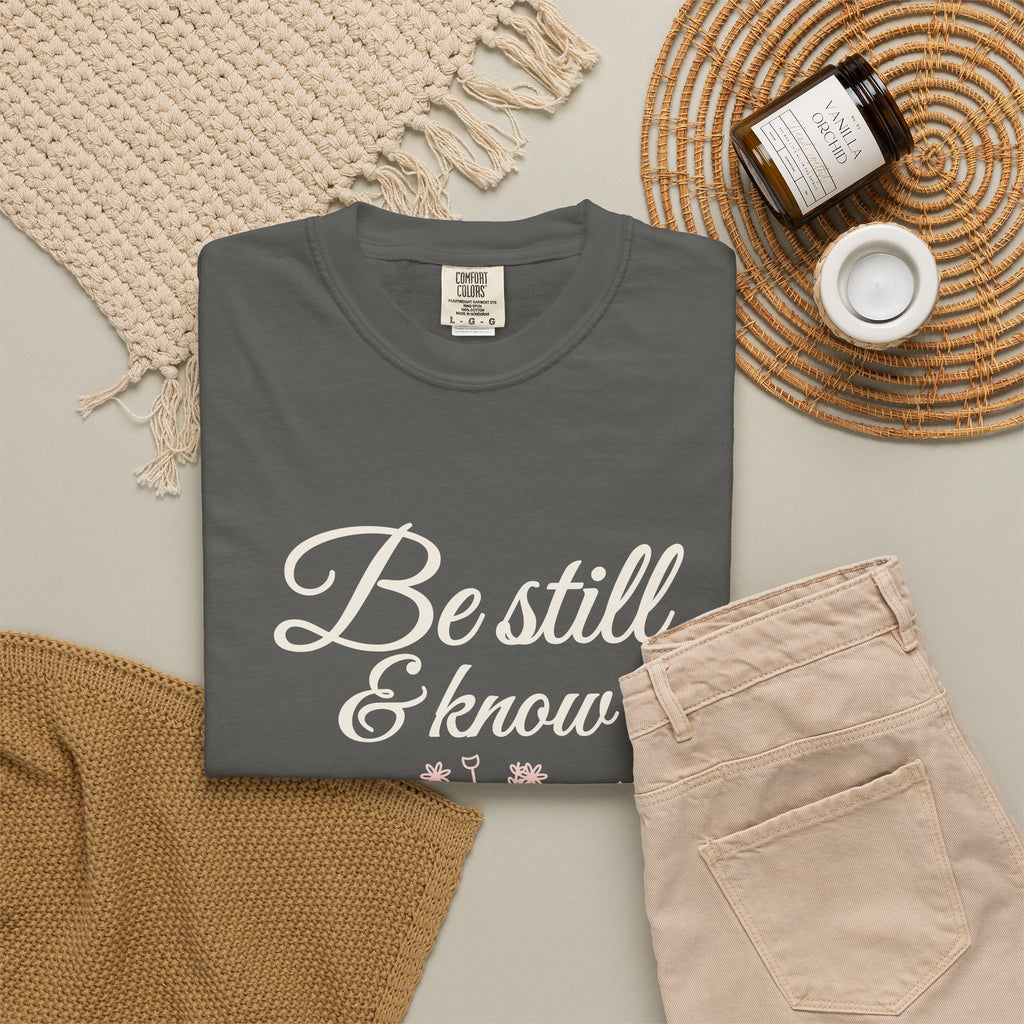 Be Still & Know Wildflower Psalm 46:10 Christian tee in pepper, folded flat lay