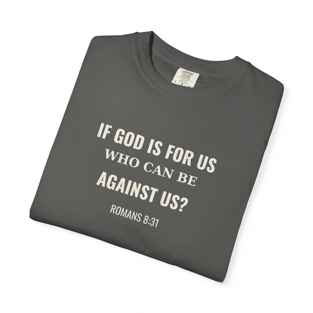If God Is For Us Romans 8:31 tee in pepper, folded mockup