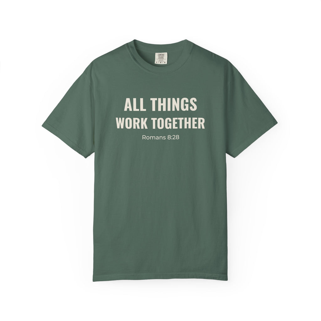 All Things Work Together Romans 8:28 tee in blue spruce, front mockup