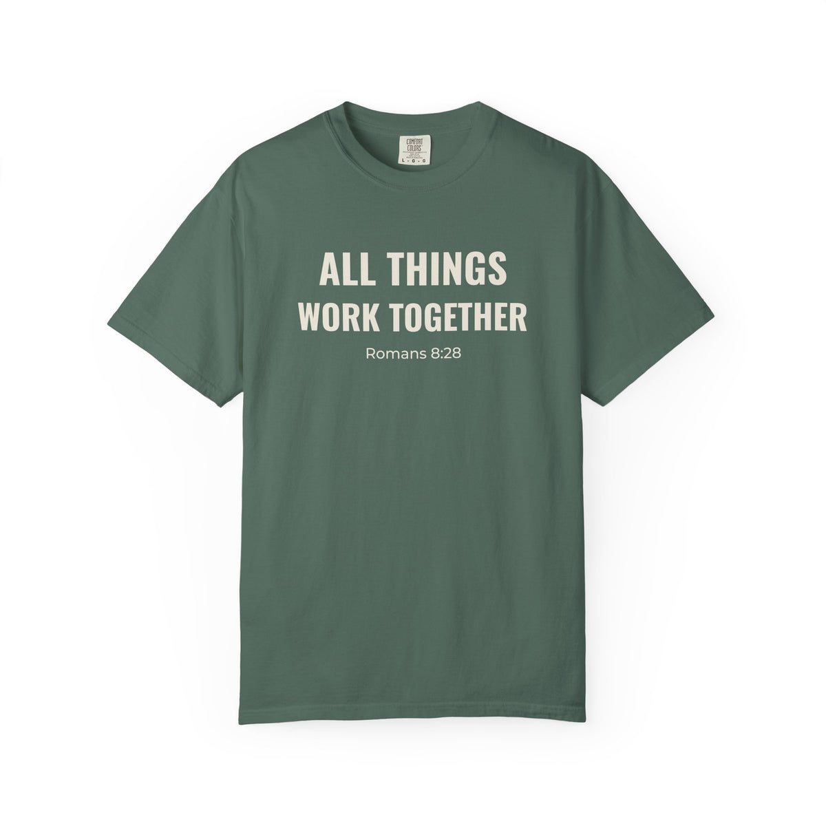 All Things Work Together Romans 8:28 tee in blue spruce, front mockup
