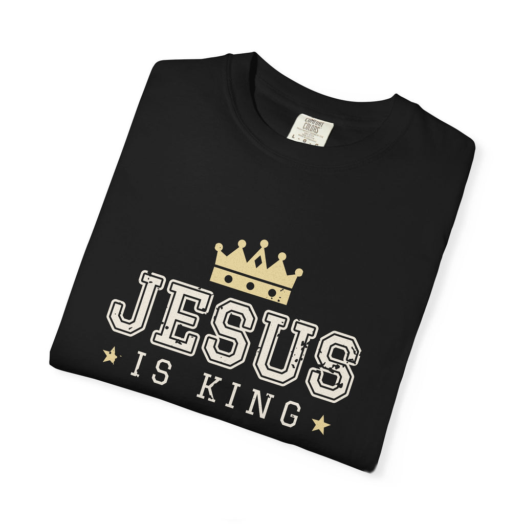 Jesus Is King Christian tee in black, folded mockup