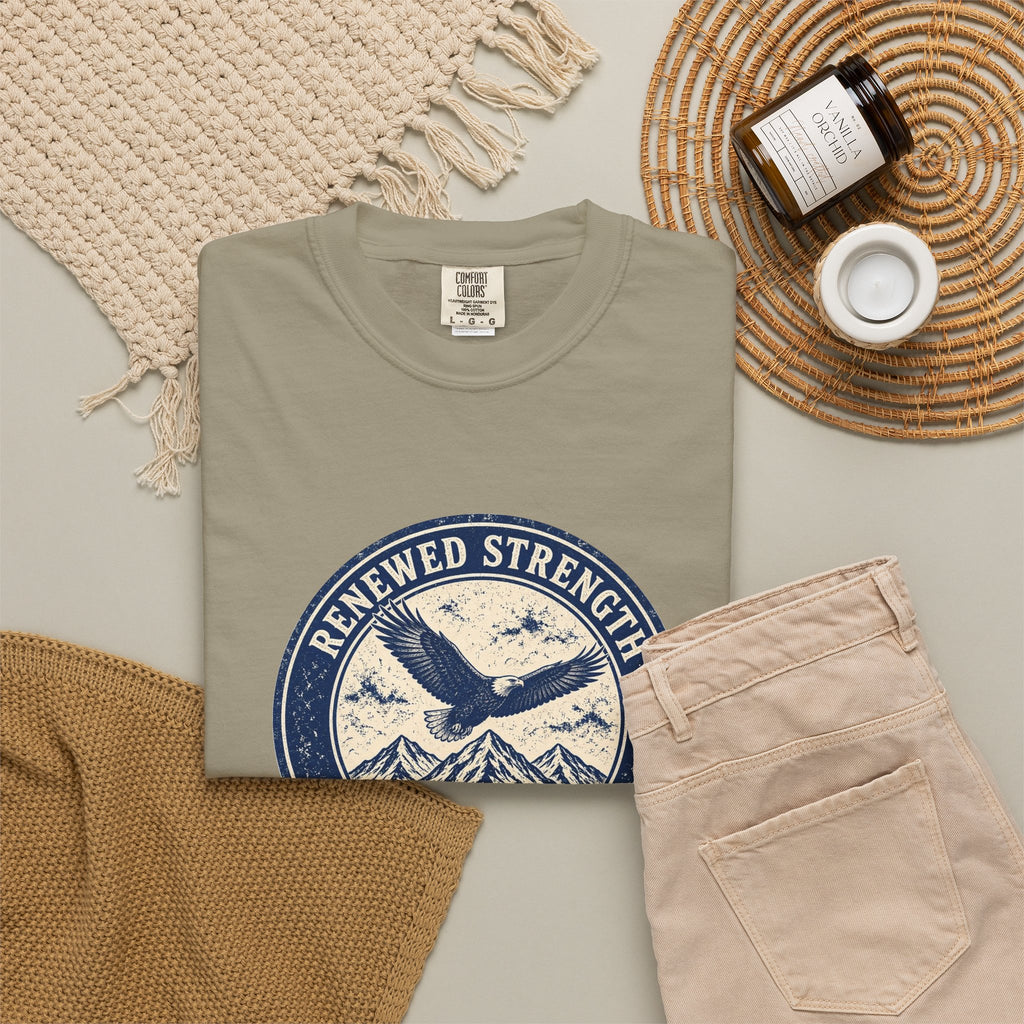 Renew Your Strength Isaiah 40:31 tee in sandstone, folded flat lay mockup