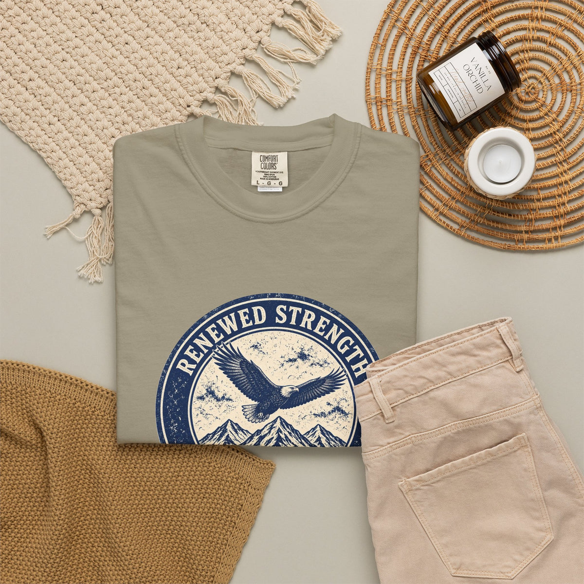 Renew Your Strength Isaiah 40:31 tee in sandstone, folded flat lay mockup