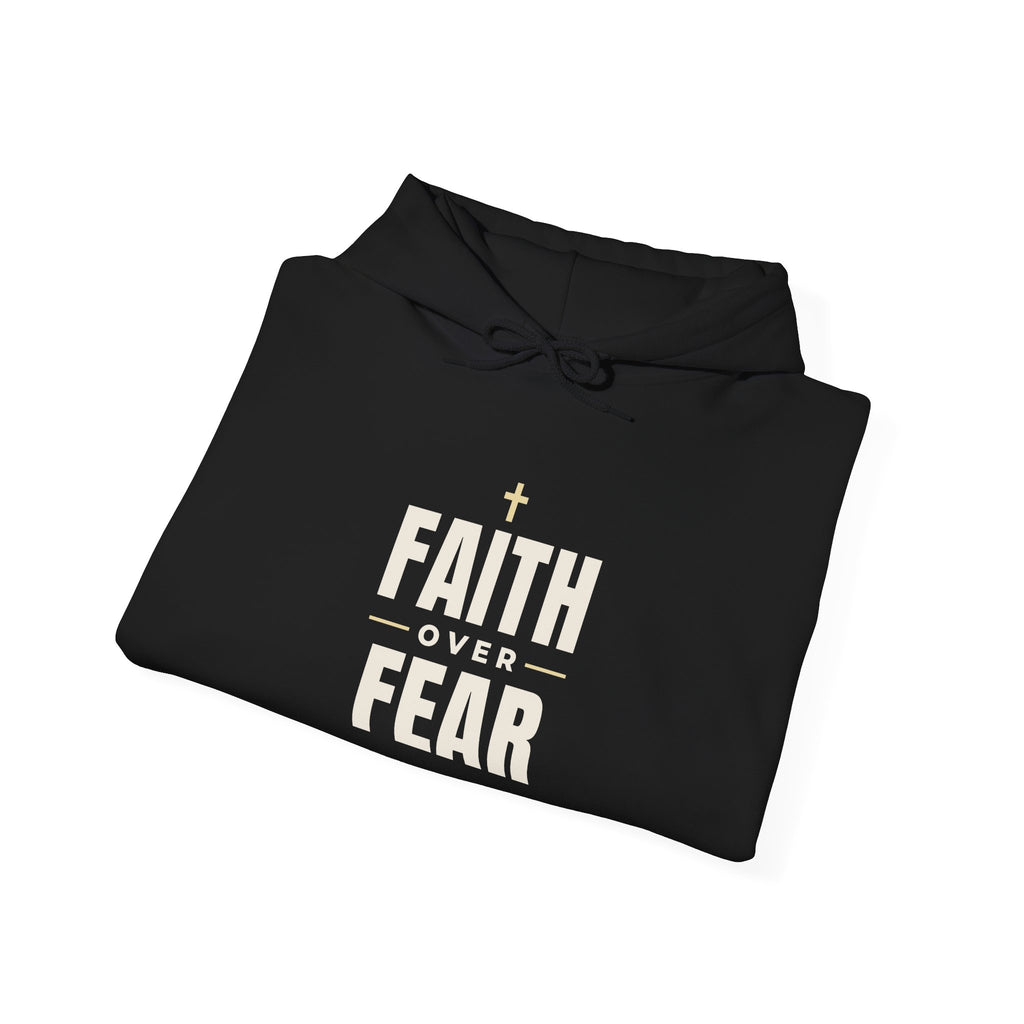 Faith Over Fear Christian hoodie in black, folded mockup