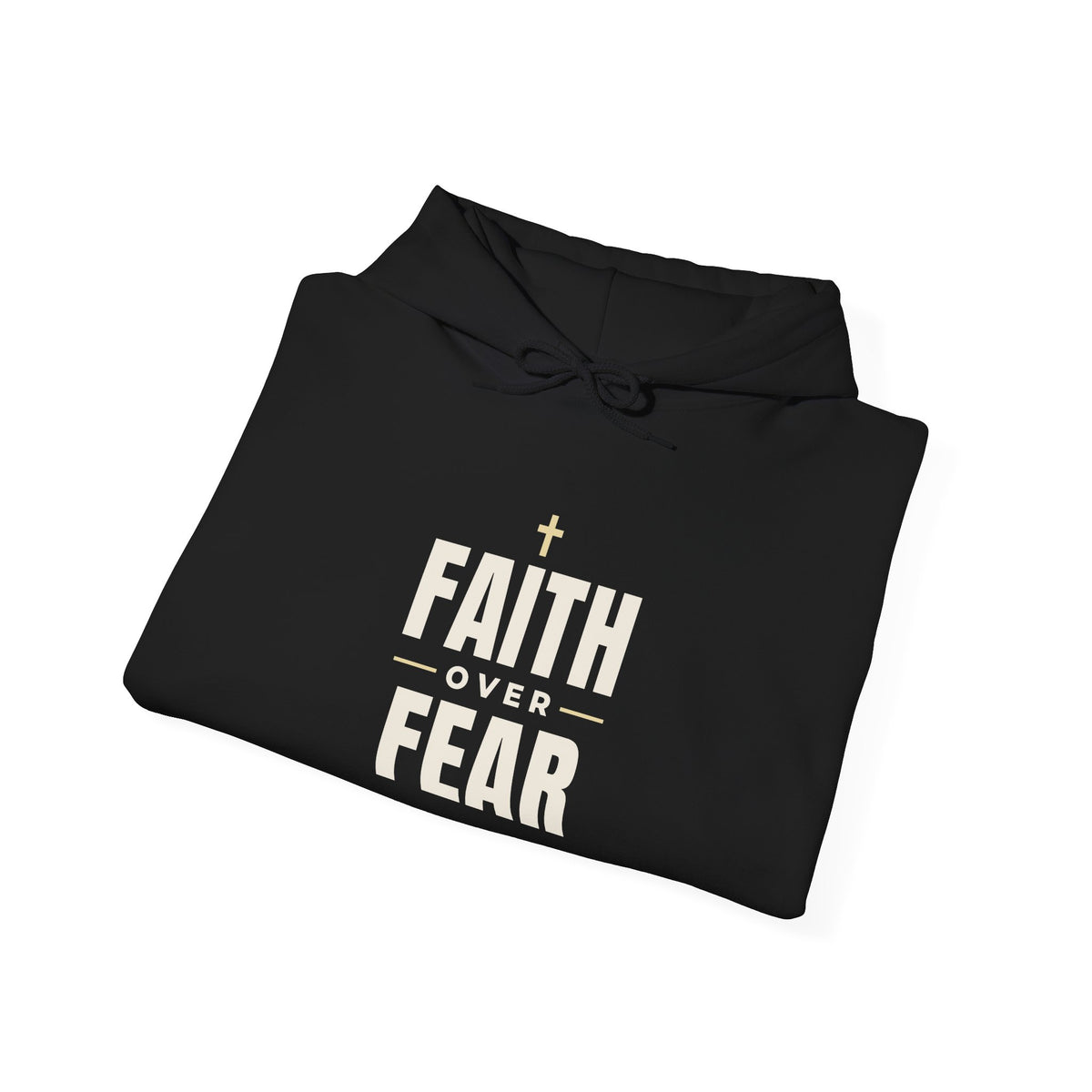 Faith Over Fear Christian hoodie in black, folded mockup