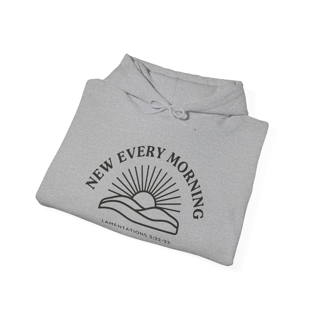 New Every Morning Lamentations 3:22-23 hoodie in sport grey, folded mockup