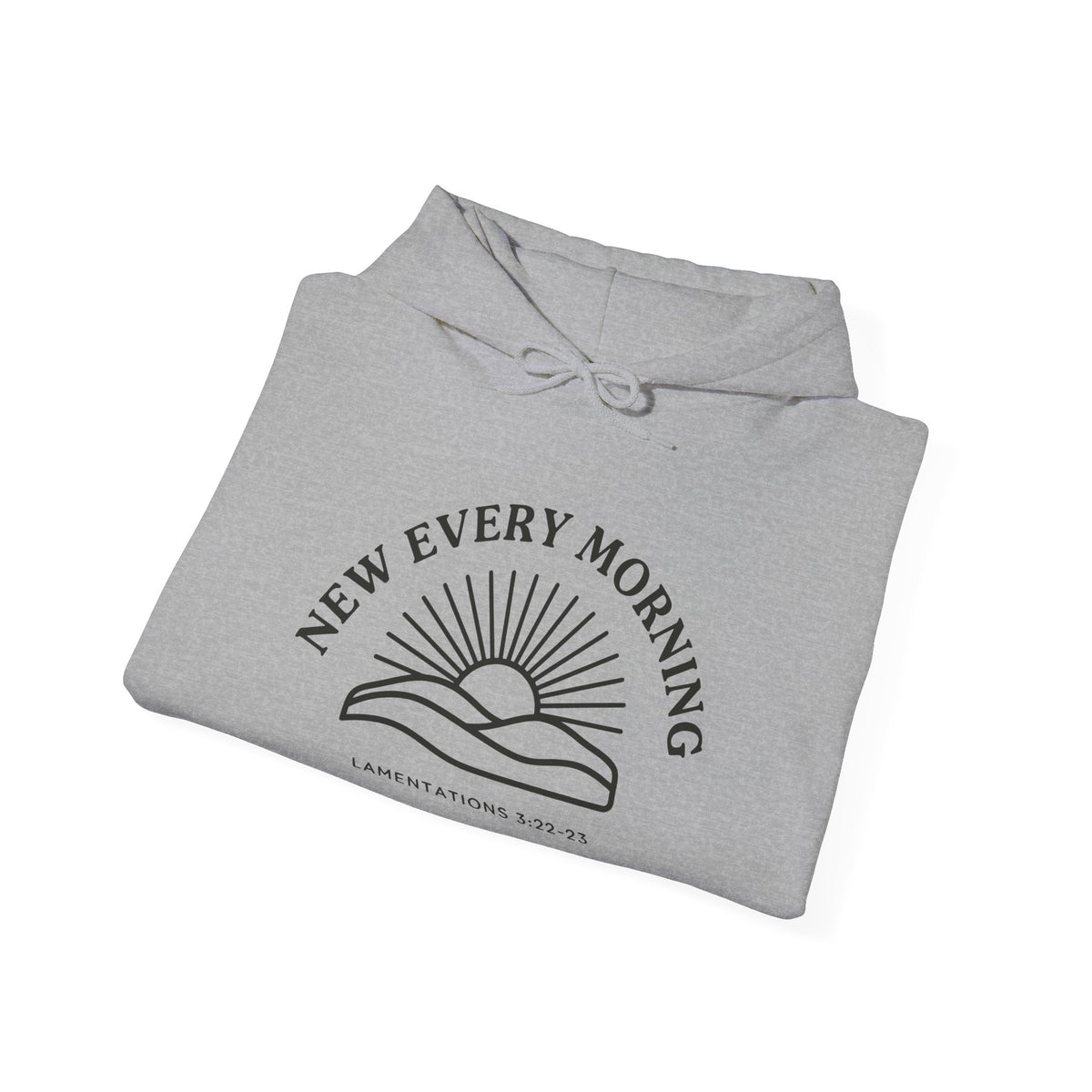 New Every Morning Lamentations 3:22-23 hoodie in sport grey, folded mockup