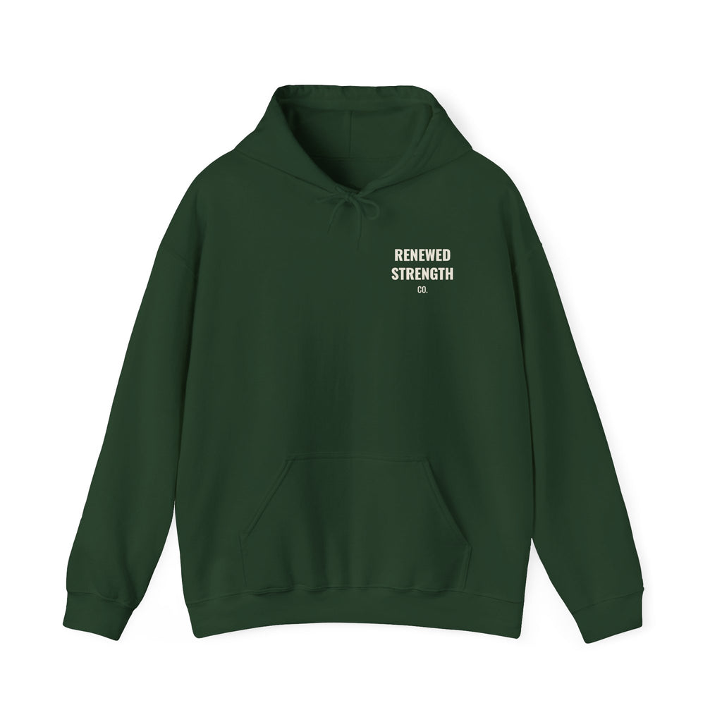 Suffering Produces Hope Romans 5:3-4 hoodie in forest green, front (left-chest logo) mockup