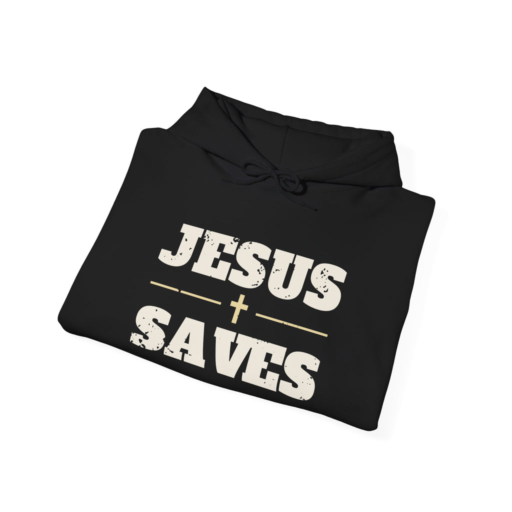 Jesus Saves Christian hoodie in black, folded mockup