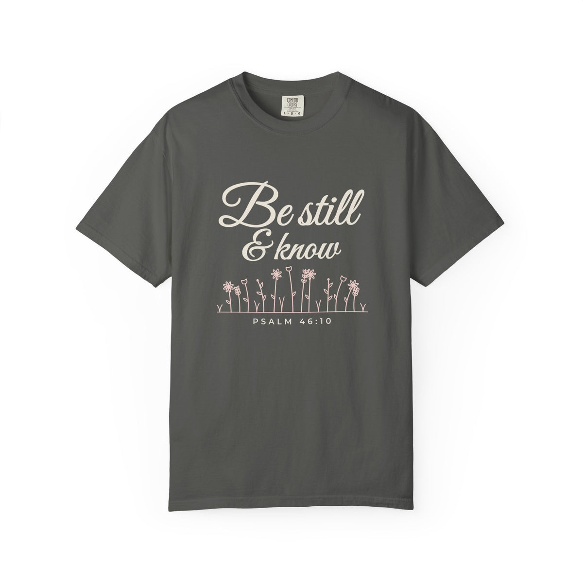 Be Still & Know Wildflower Psalm 46:10 Christian tee in pepper, front mockup