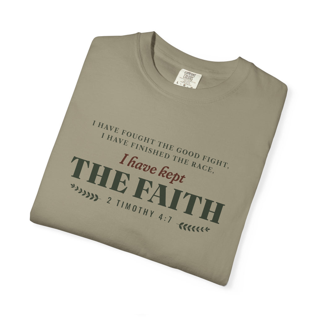Kept the Faith 2 Timothy 4:7 tee in Sandstone, front, folded