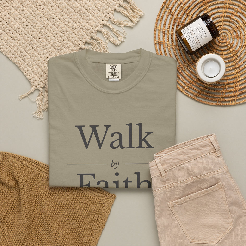Walk by Faith 2 Corinthians 5:7 tee in sandstone, folded flat lay mockup