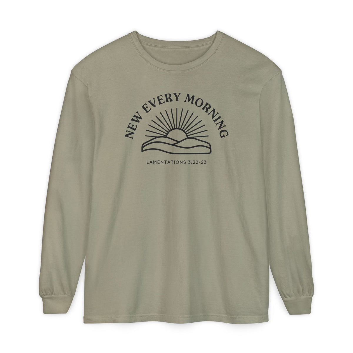 New Every Morning Lamentations 3:22-23 long sleeve tee in sandstone, front mockup
