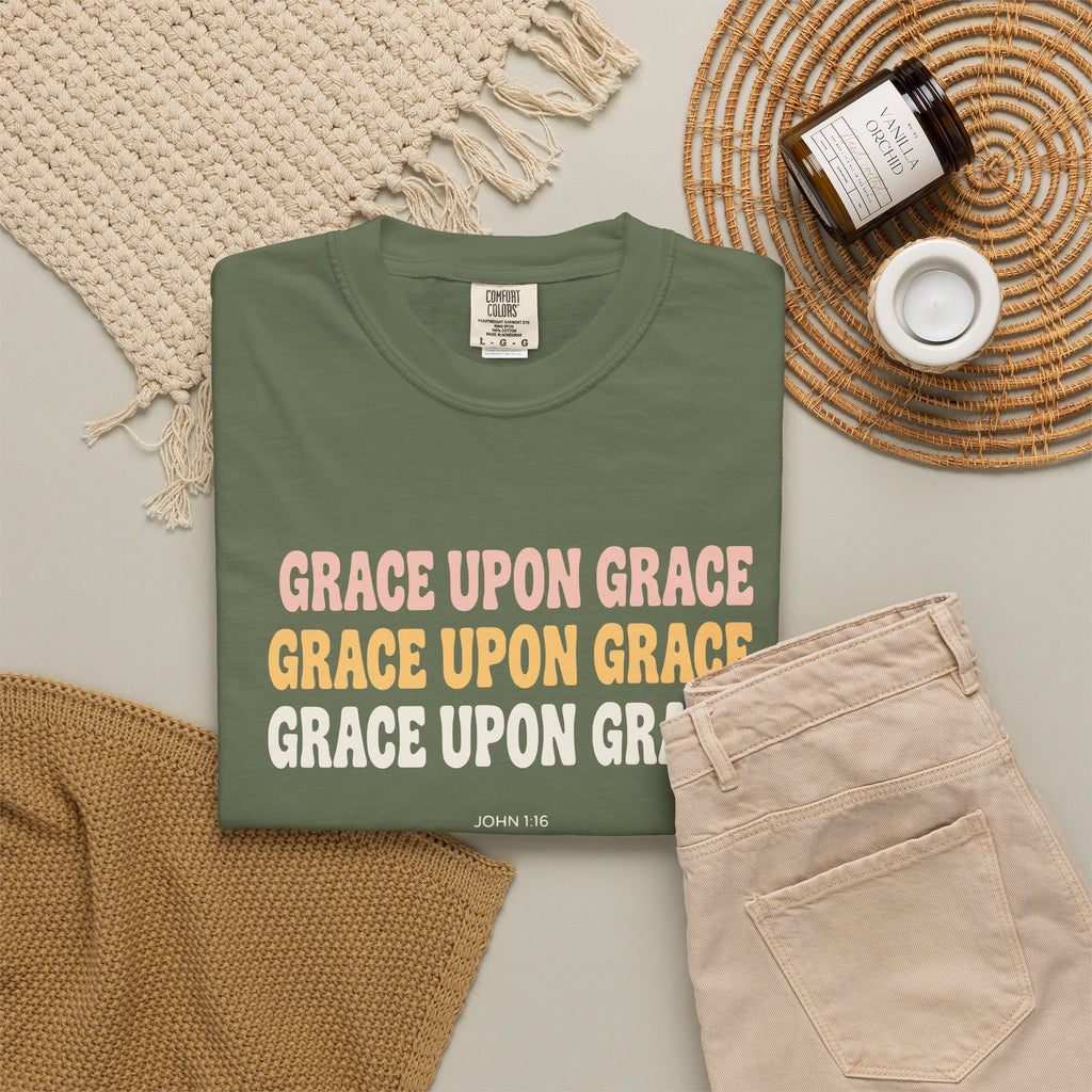 Grace Upon Grace John 1:16 tee in sage, folded flat lay mockup