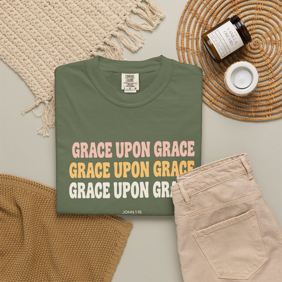 Grace Upon Grace John 1:16 tee in sage, folded flat lay mockup